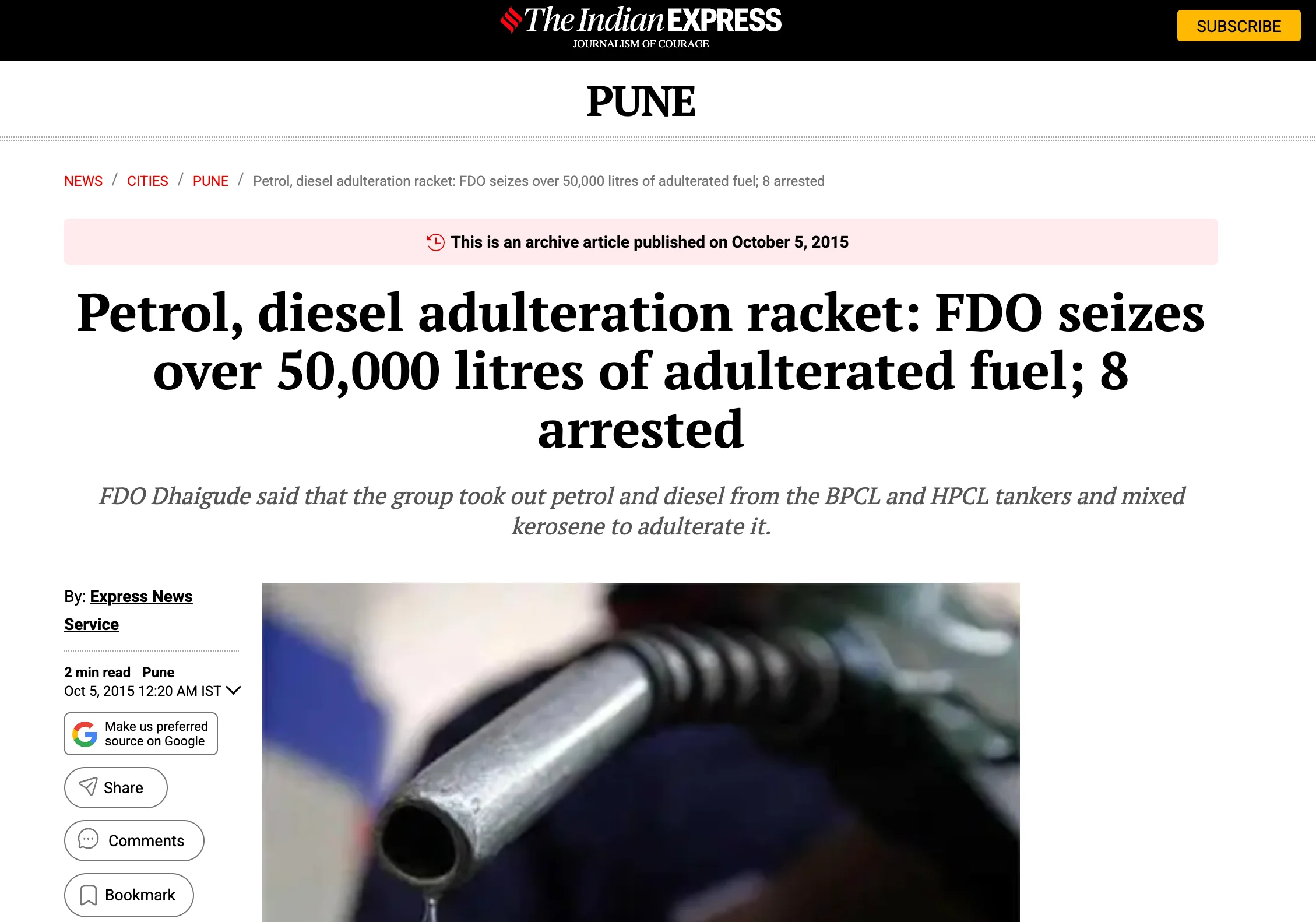 Fuel adulteration news clipping