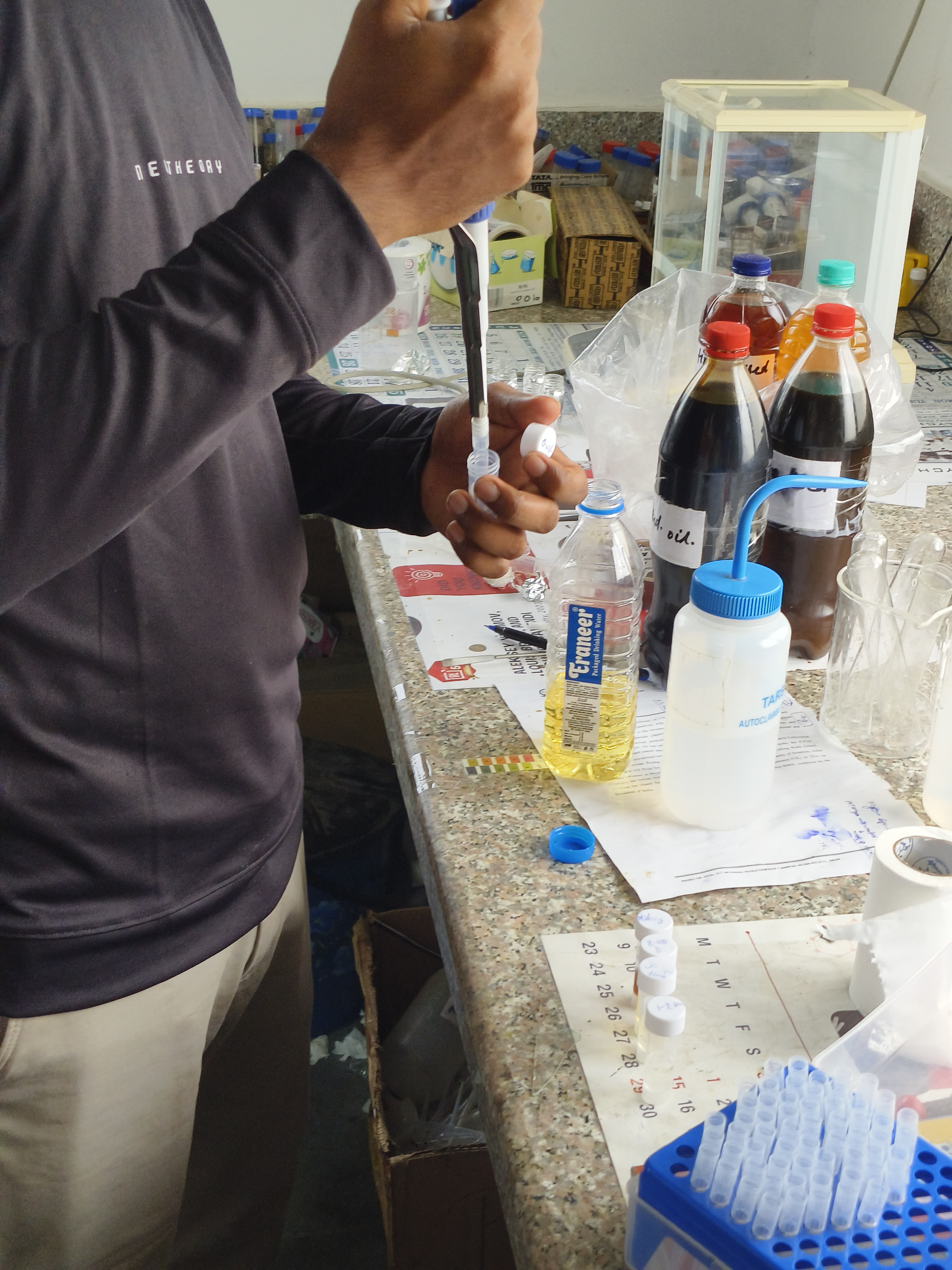 Pipetting an oil sample for testing